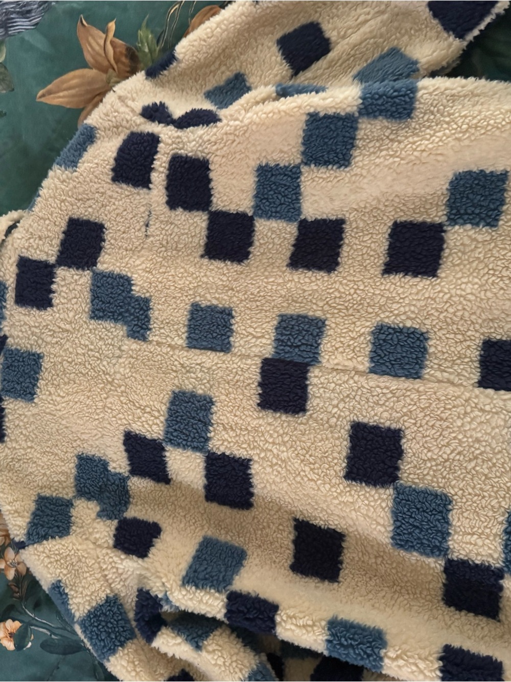 Madewell Cream Sherpa Checkered Coat with Navy and Blue Squares - Picture 3 of 4